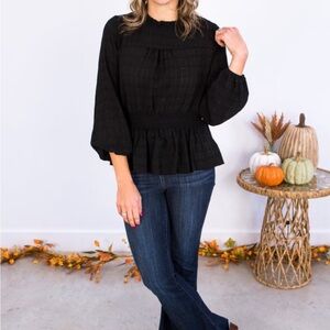 NWT JODIFL size small black longsleeve ruffle texture blouse